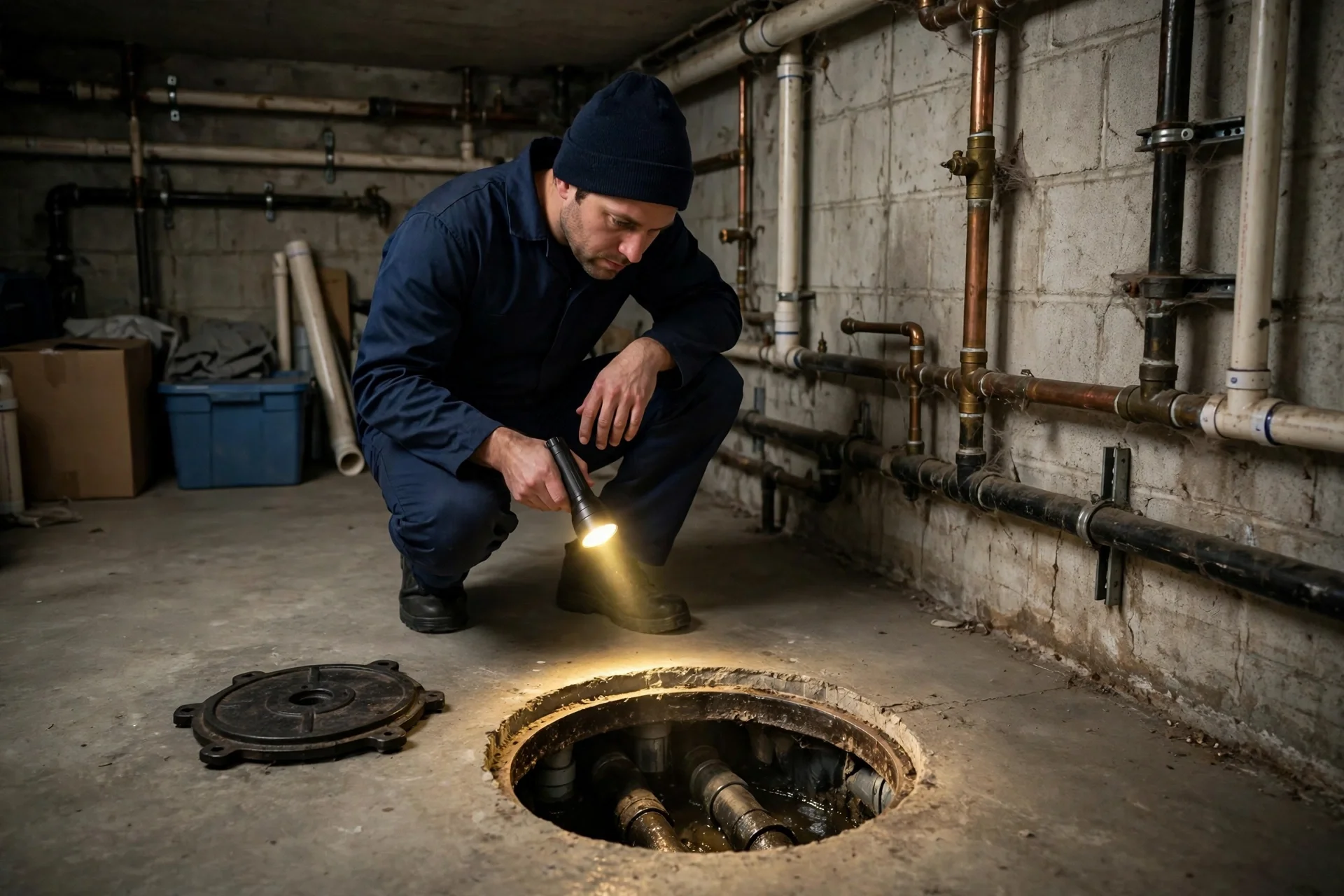 Technician inspecting a basement sewer cleanout with a flashlight