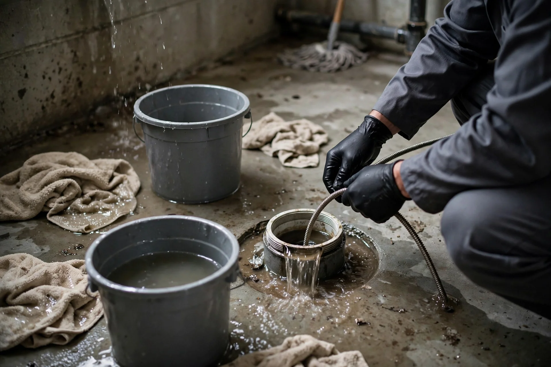Technician snaking a basement cleanout during a backup
