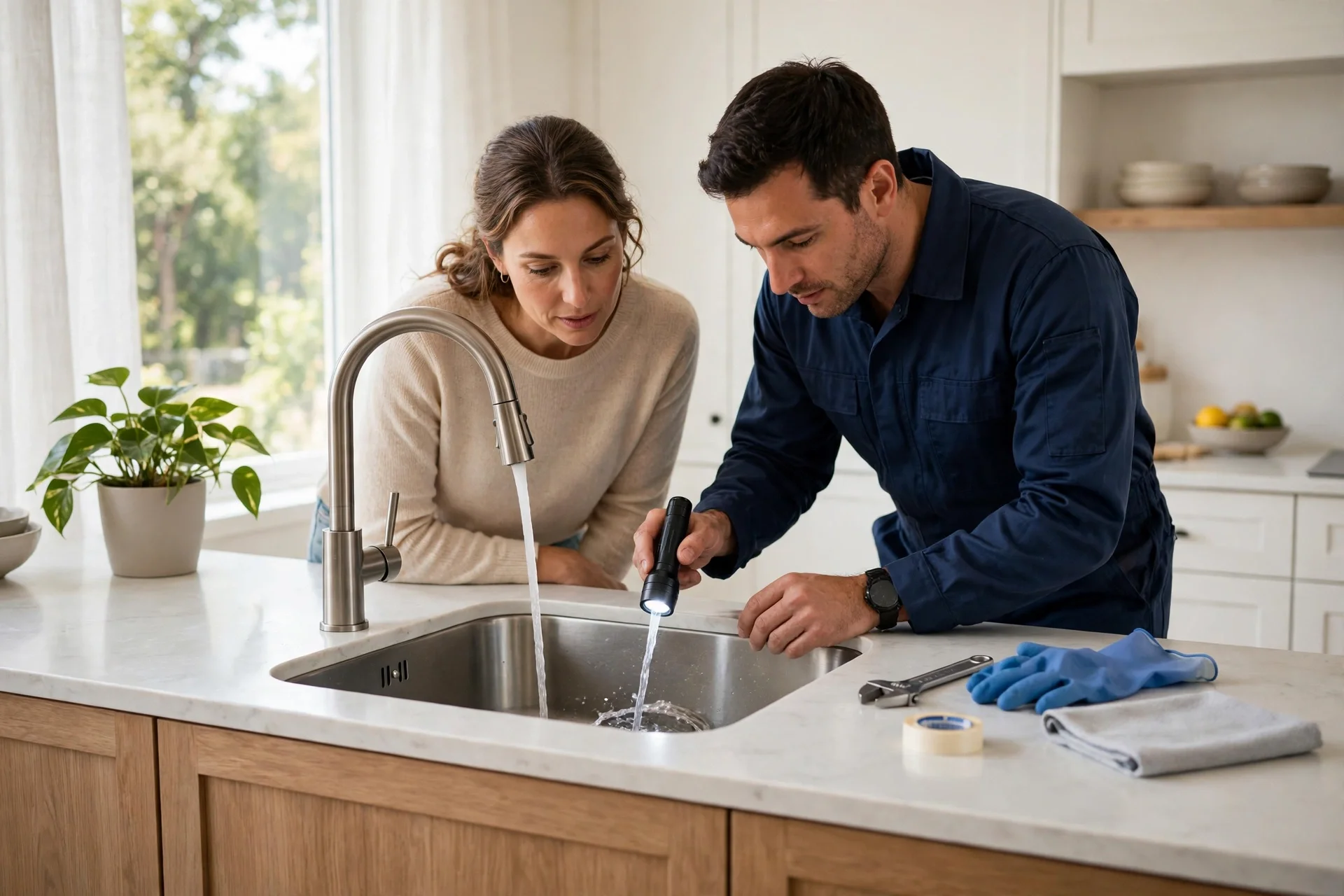 Technician checking a kitchen drain after backup repair