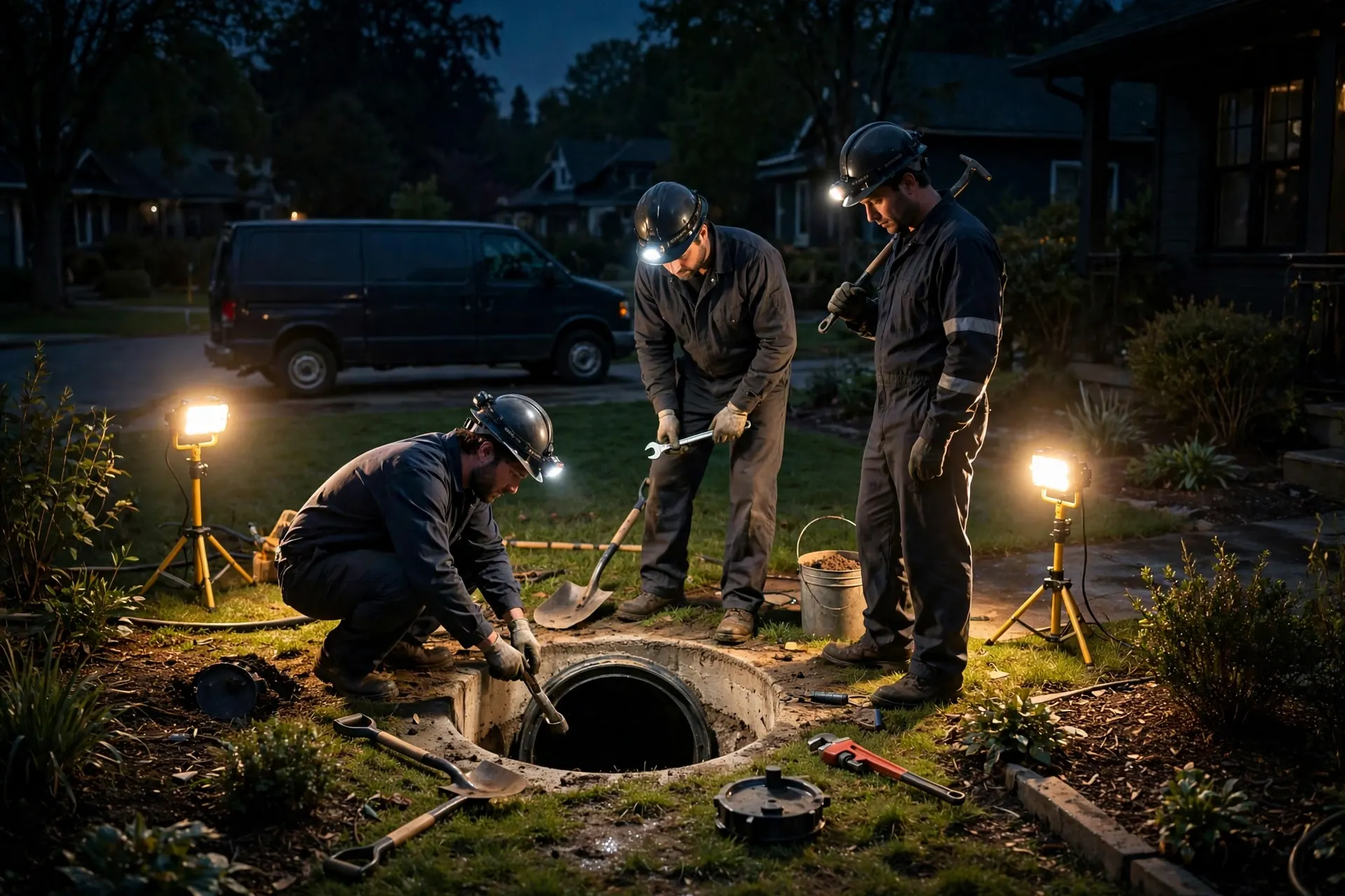 Crew handling a nighttime sewer backup call in a front yard