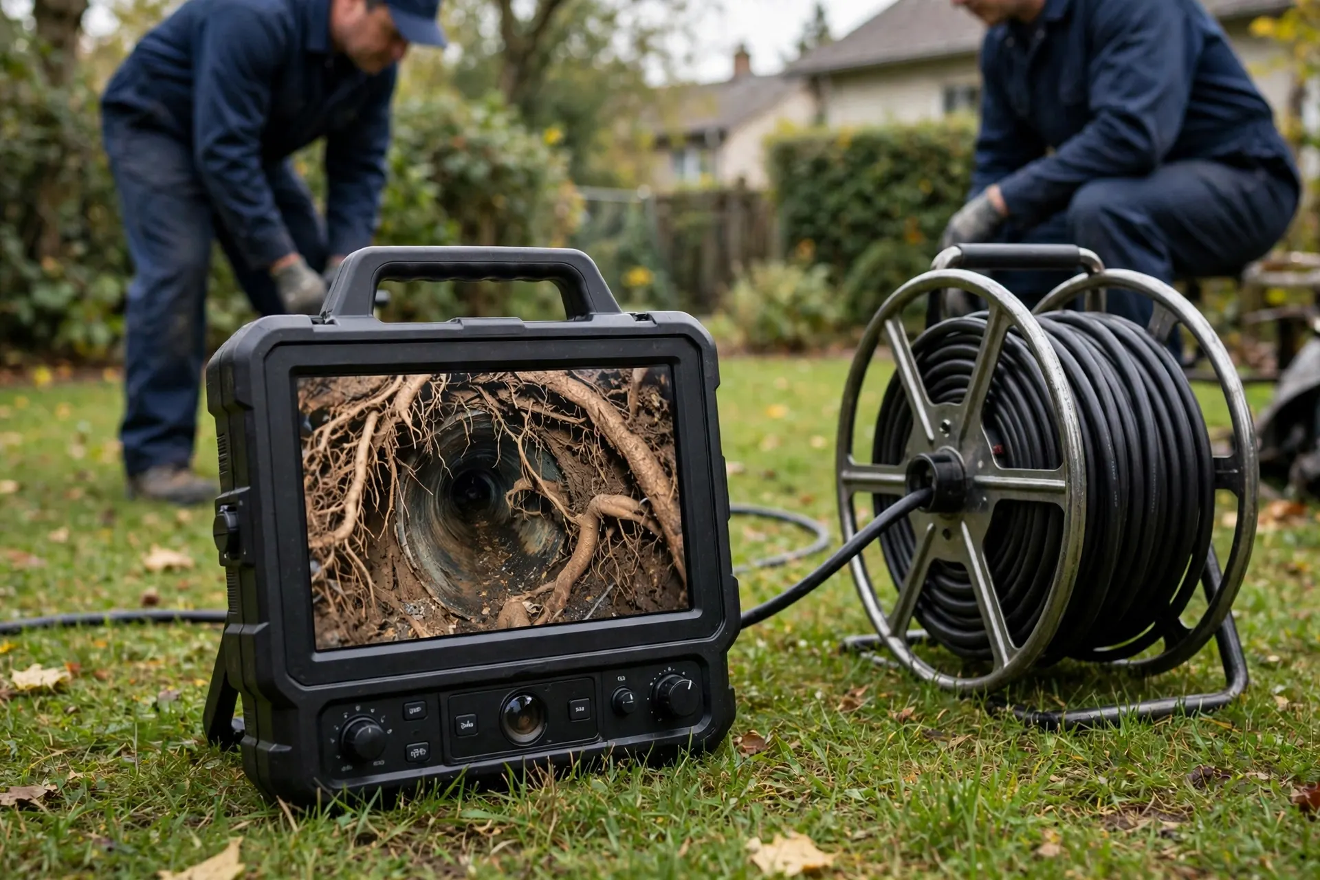 Camera monitor showing roots inside a sewer pipe