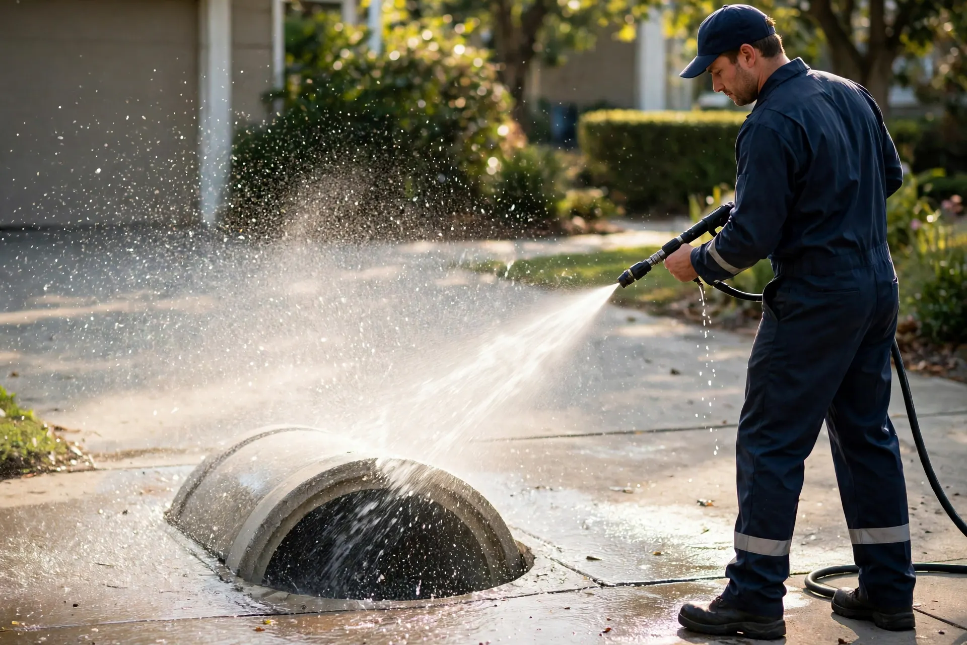 Jetting hose spraying into an open pipe