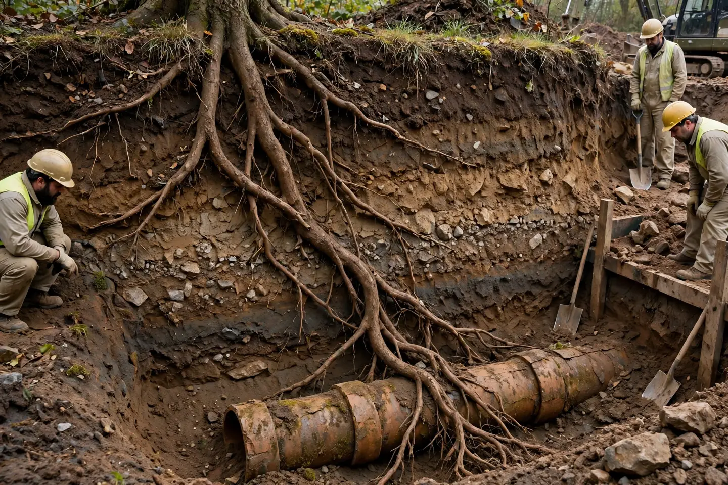 Roots reaching a buried sewer pipe