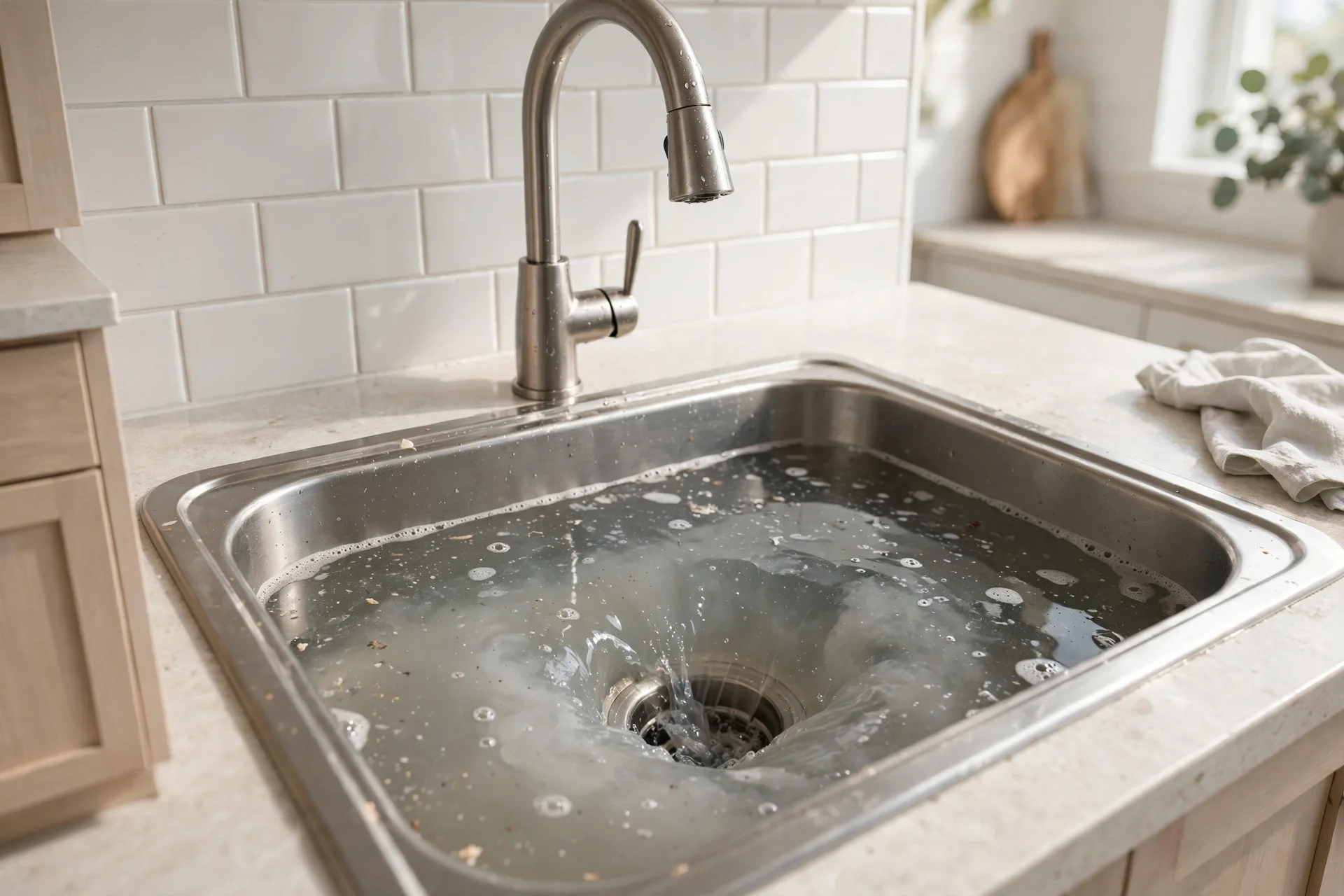 A sink draining slowly
