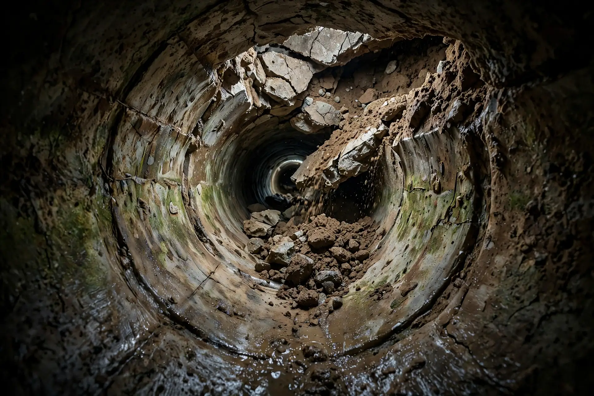 Inside view of a cracked sewer pipe section