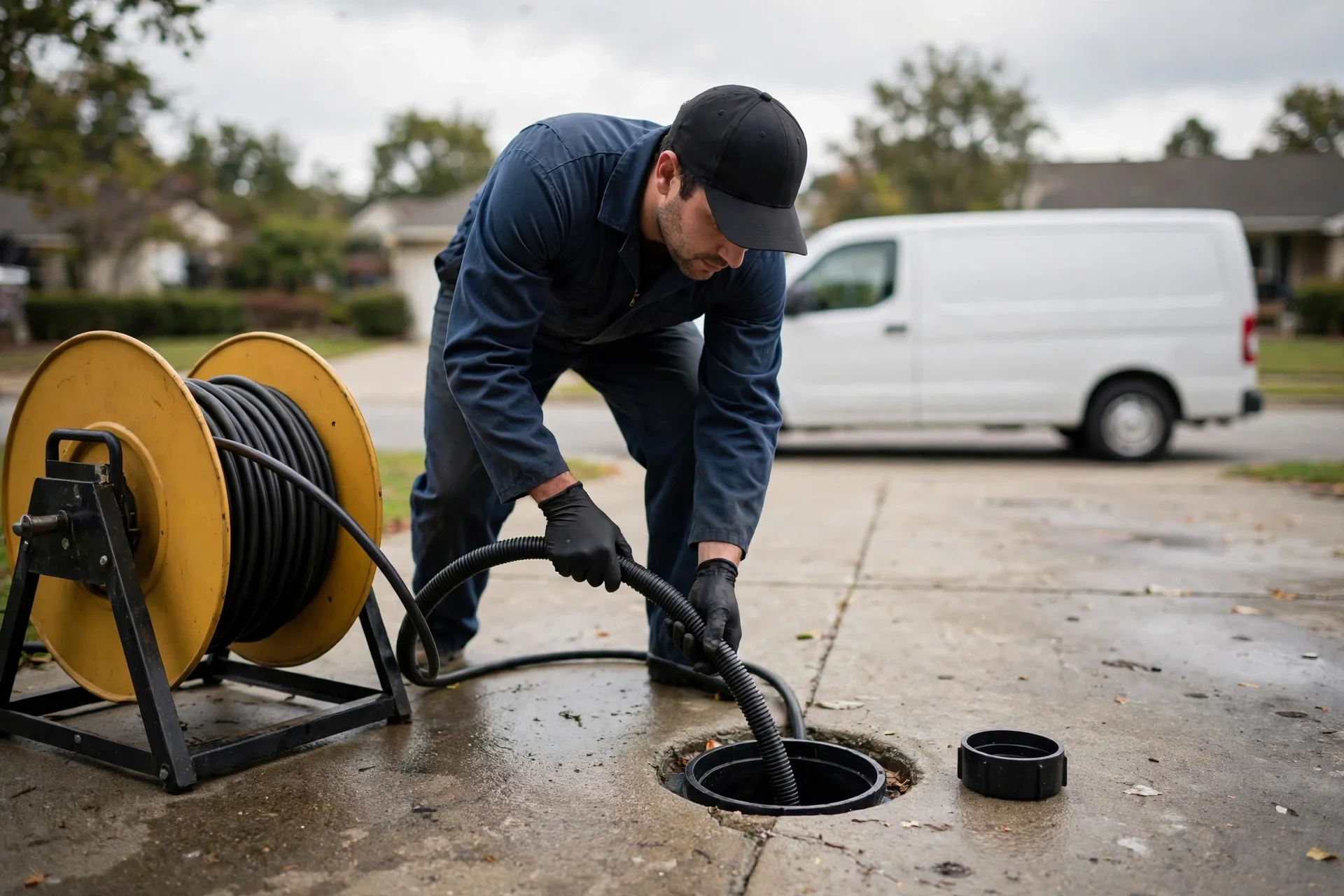 Worker pushing a sewer camera cable into a cleanout
