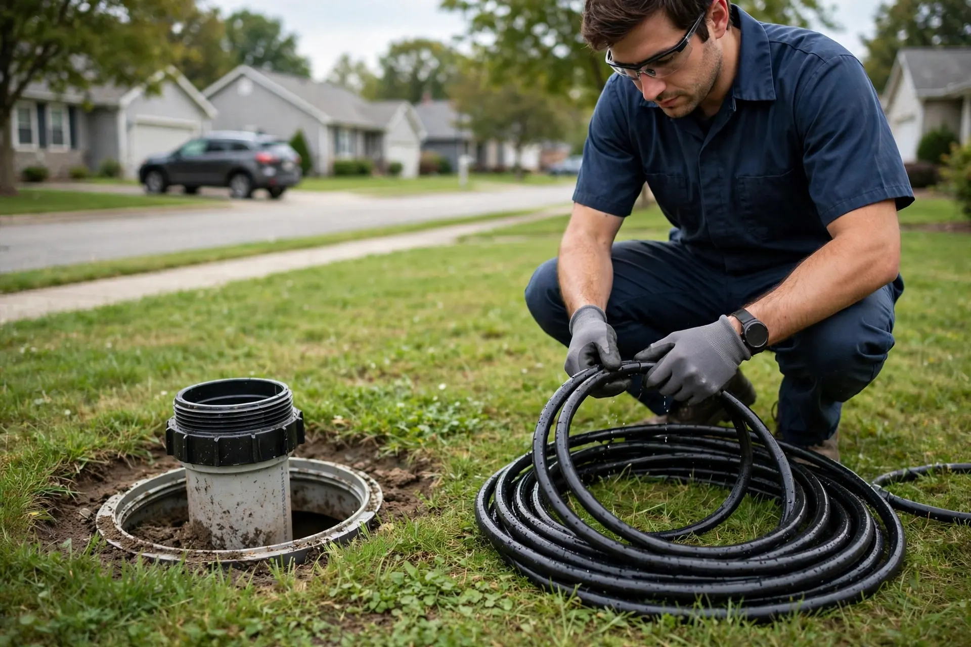 Technician coiling a cable beside a yard cleanout