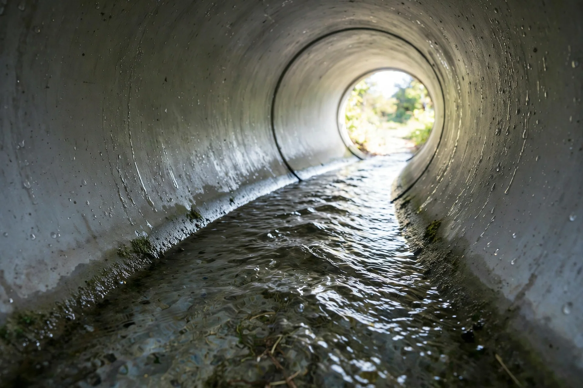 Inside a freshly cleaned sewer pipe