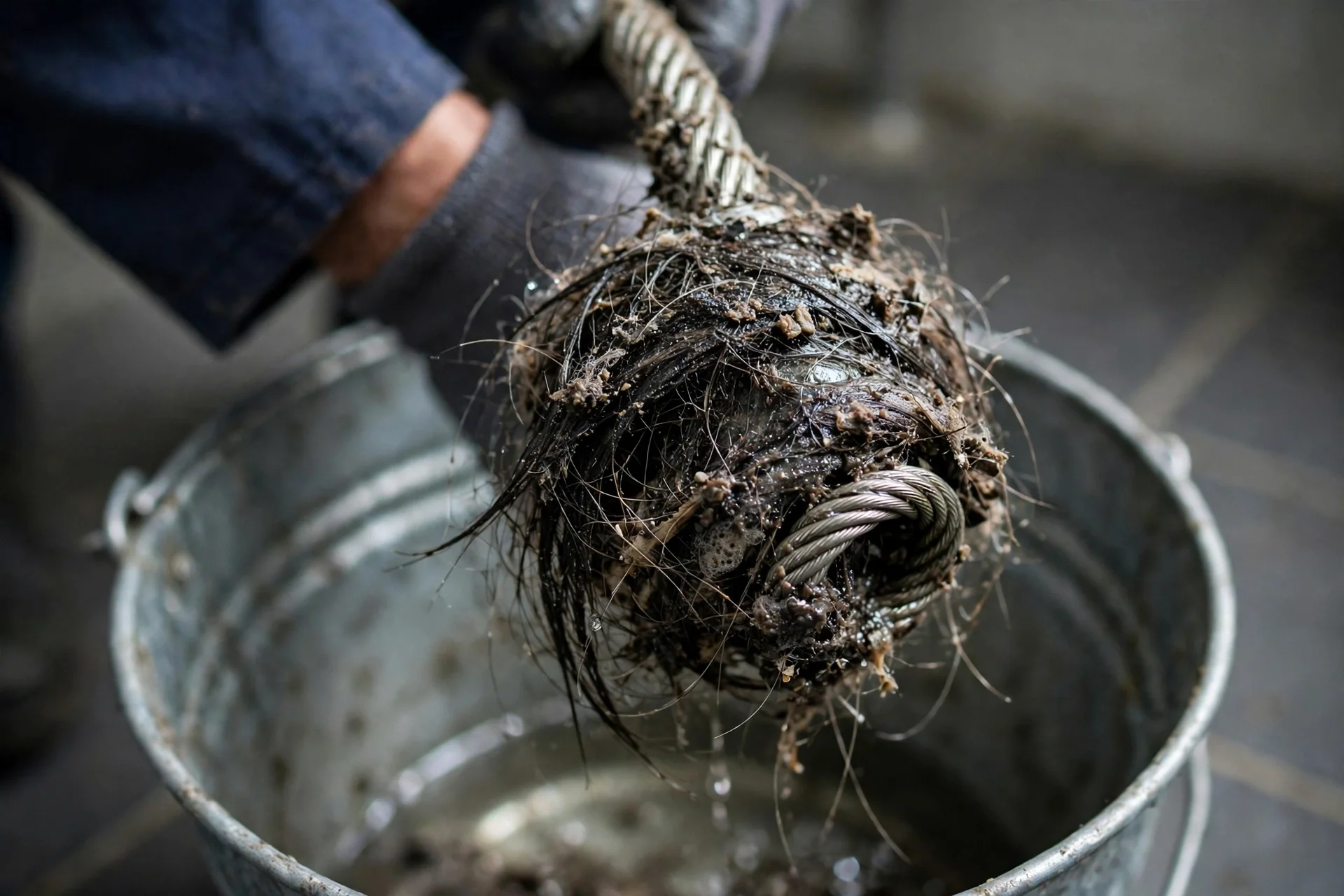 Debris pulled from a bathroom drain on a snake