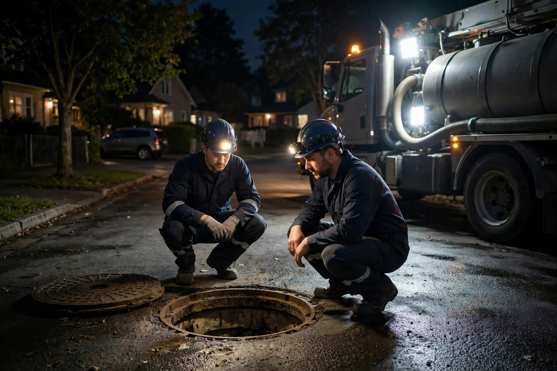 Emergency crew at a manhole at night
