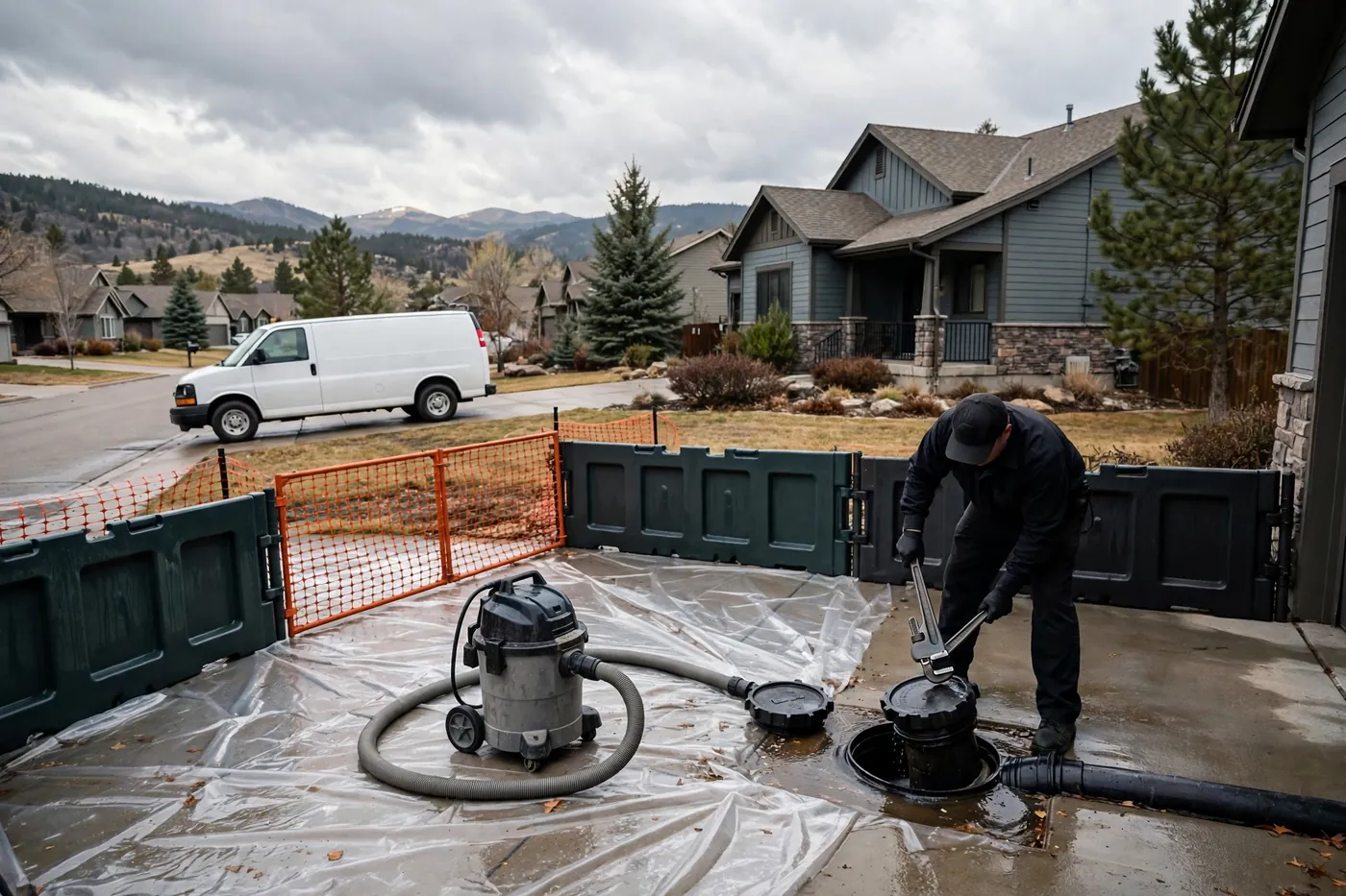 Worker opening a driveway cleanout with protective sheeting, containment barriers and a wet vacuum set up, an unmarked white van behind him