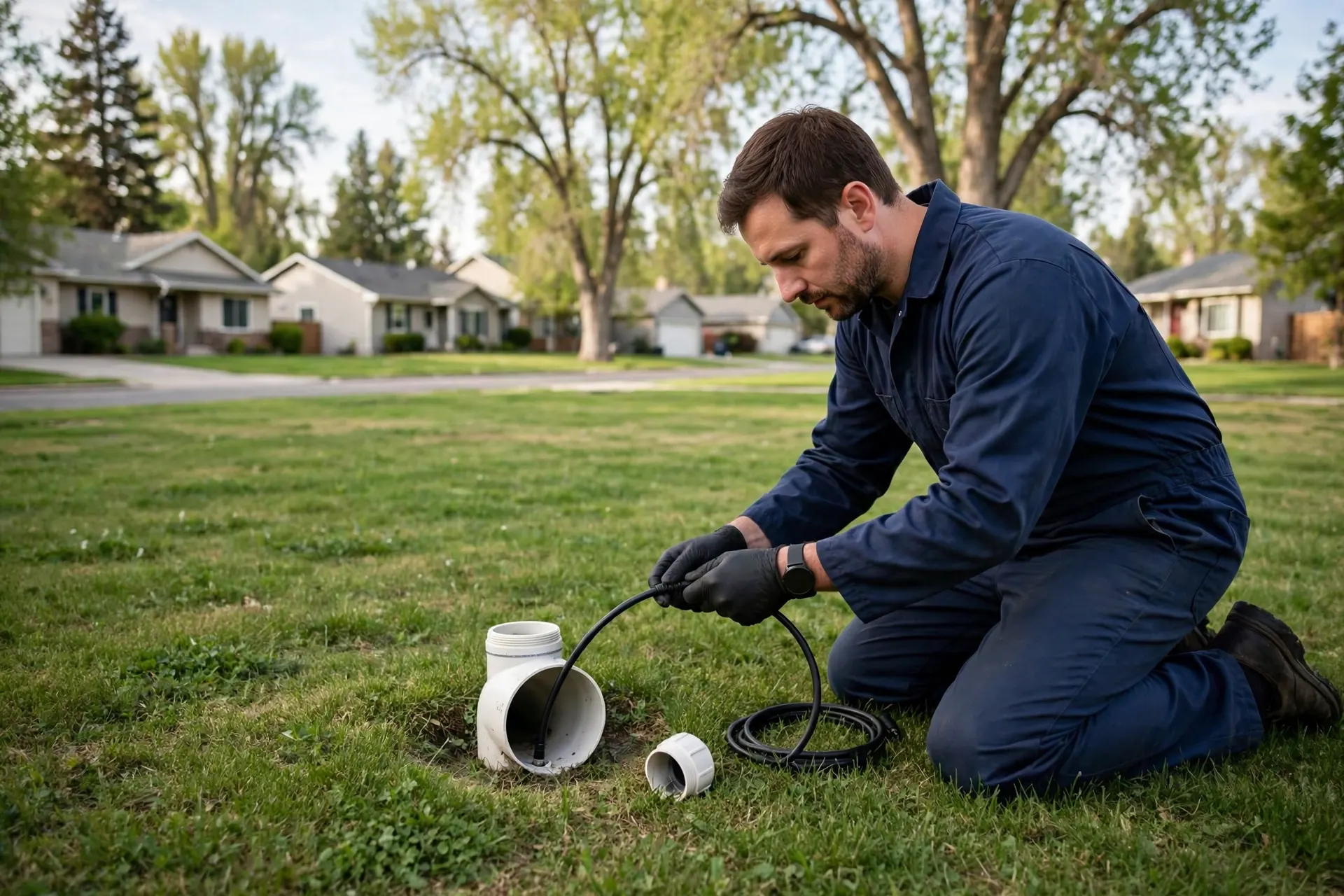 Technician feeding a sewer camera cable into a yard cleanout