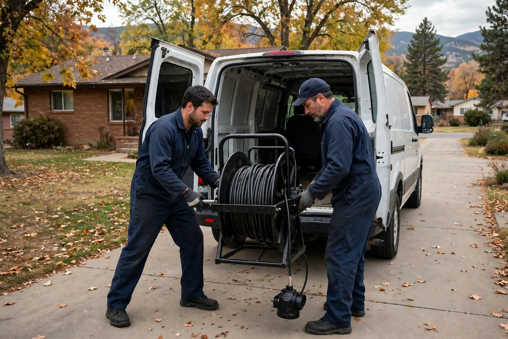 Sewer crew unloading camera equipment from a service van at a Littleton home