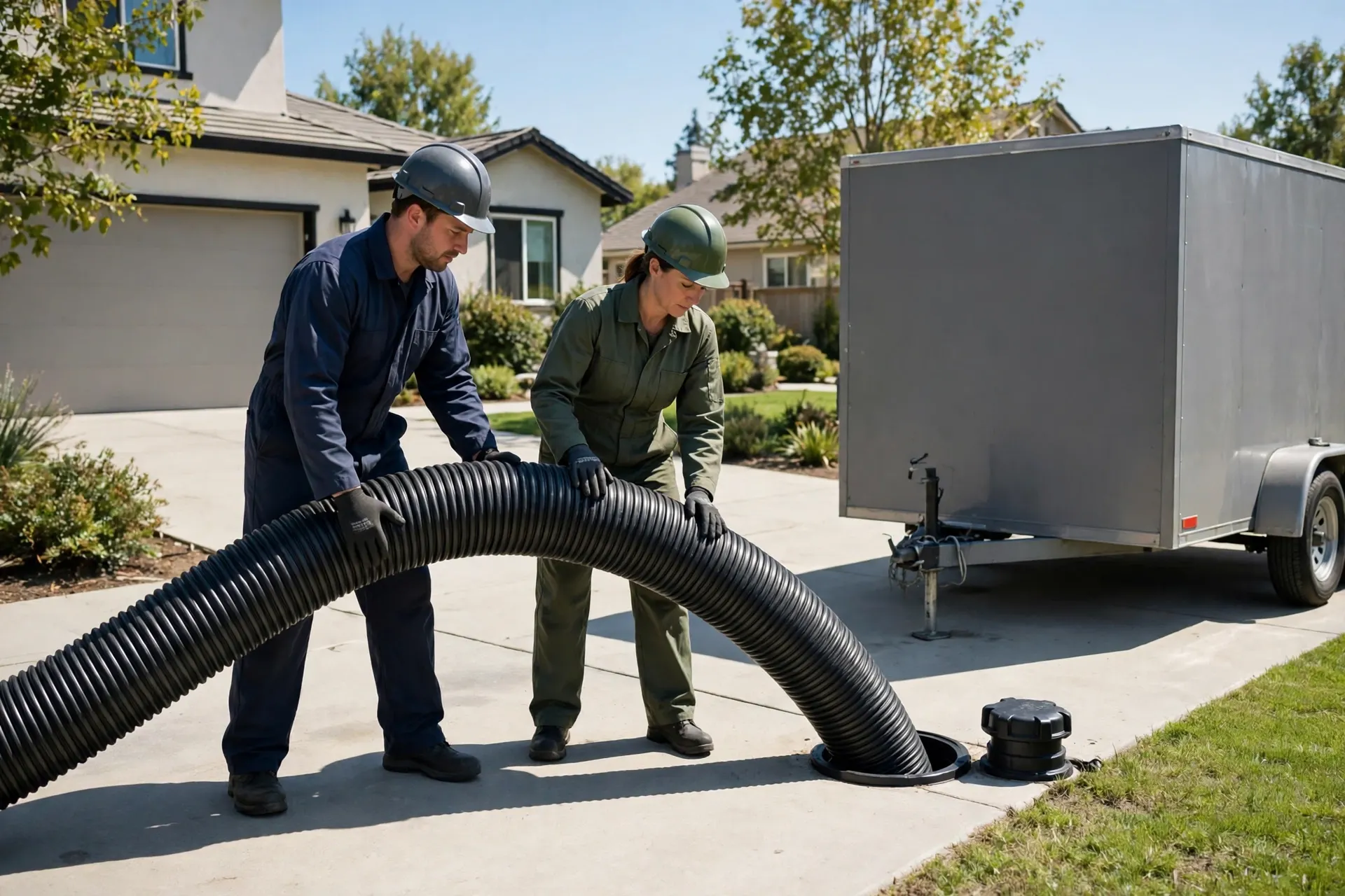 Workers preparing a trenchless liner at a driveway cleanout