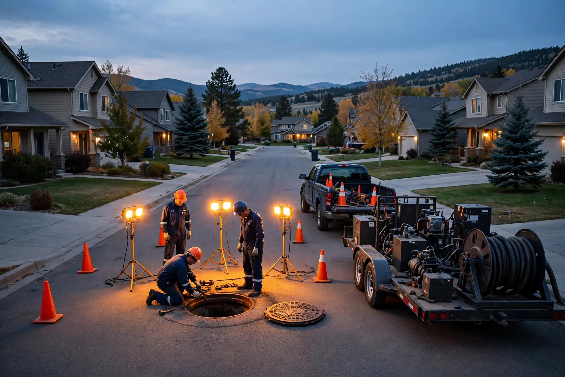 Sewer crew working at a manhole on a Littleton street at dusk