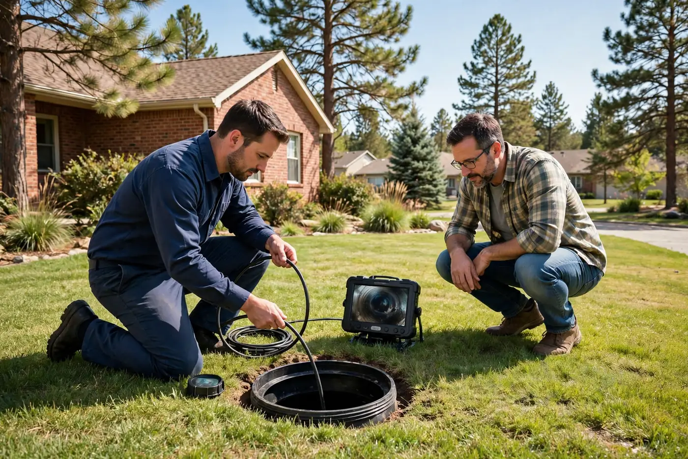Technician feeding a sewer camera into a front-yard cleanout in Littleton while the homeowner watches the pipe interior on a portable monitor