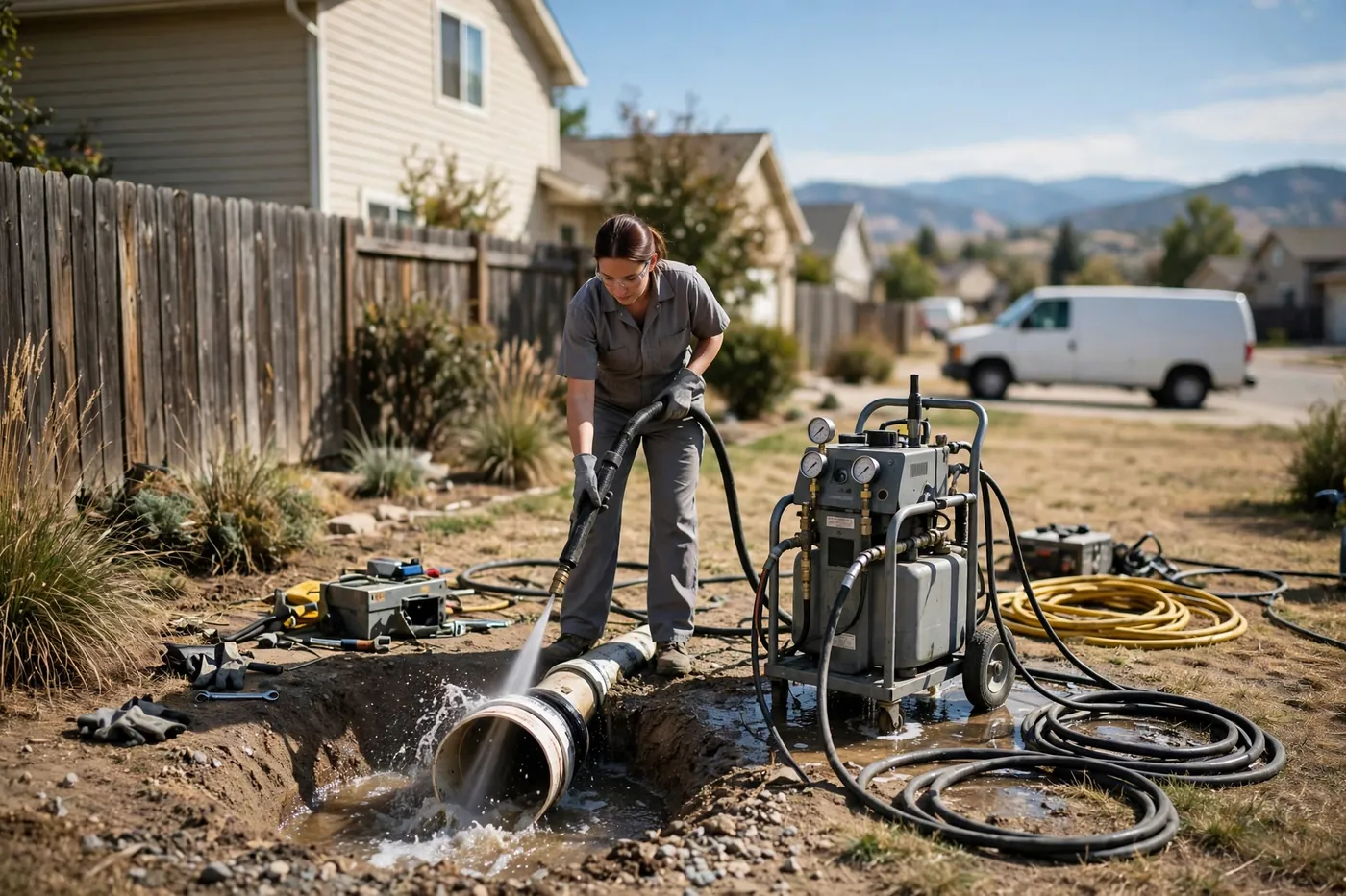 Technician hydro jetting an exposed sewer pipe in a Littleton side yard, jetter unit and coiled hoses beside her, unmarked white van in the distance