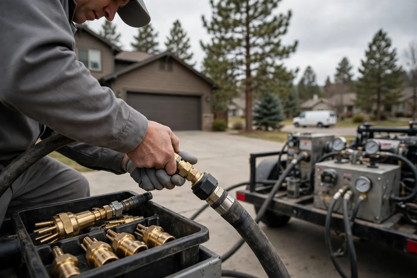 Technician fitting a brass jetting nozzle to a high-pressure hose beside a jetting unit and tray of nozzles on a driveway
