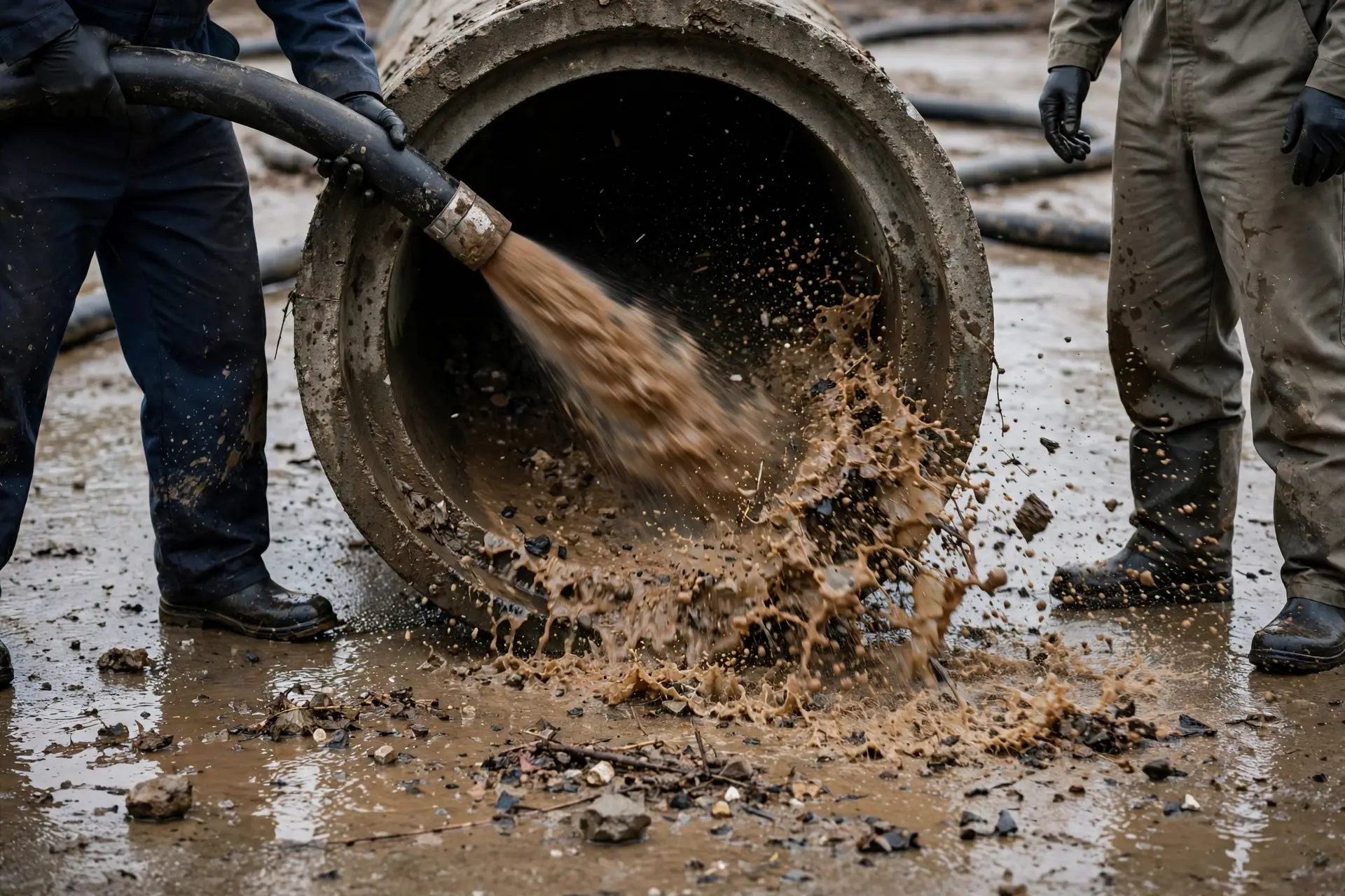 Debris flushing out of a pipe during jetting