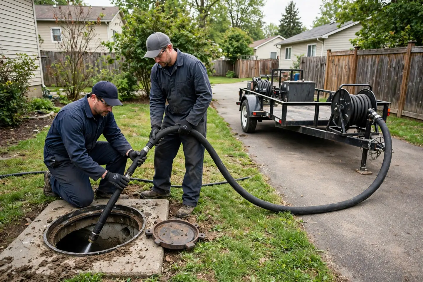 Workers jetting a side yard cleanout