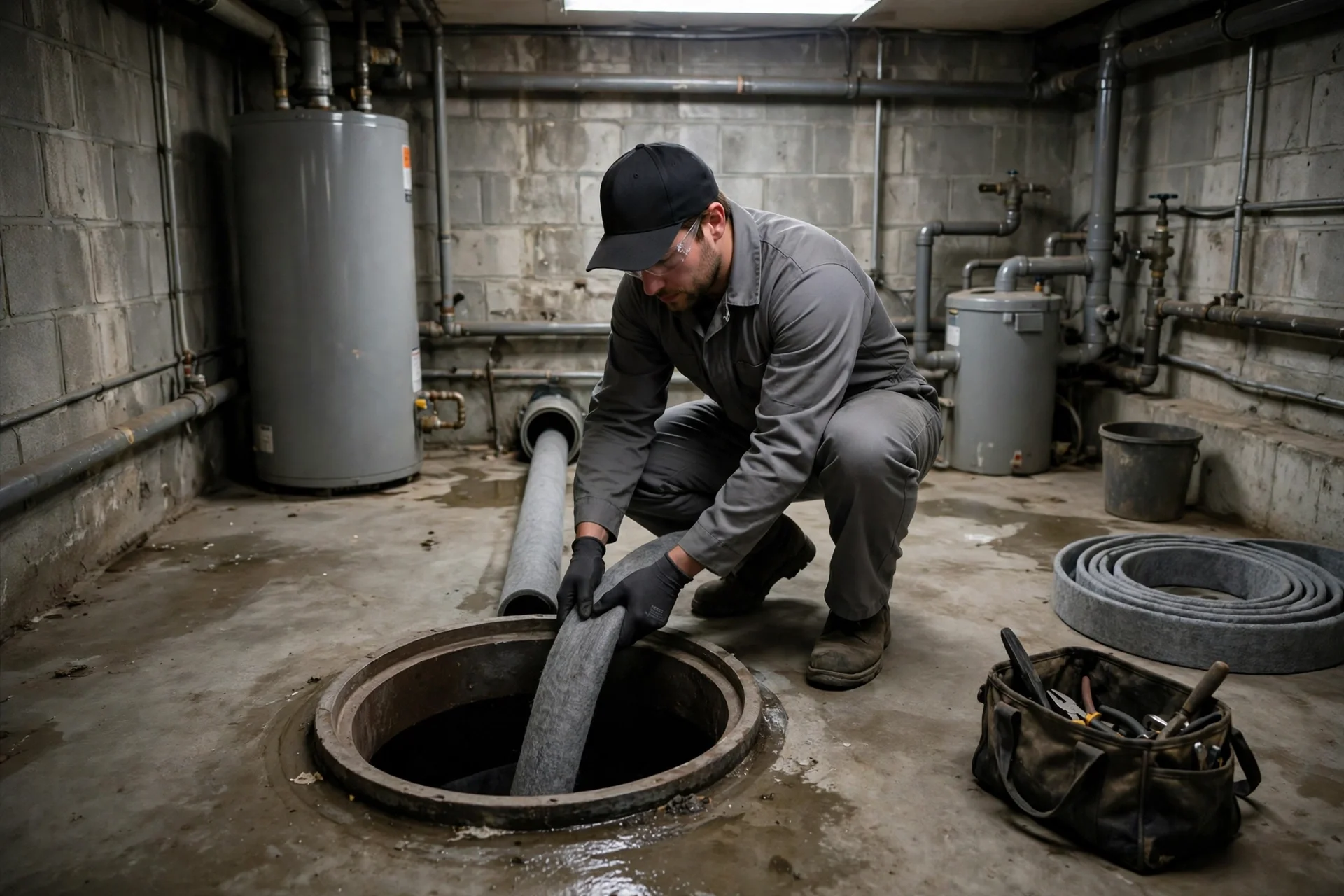 Worker feeding a liner into a basement cleanout