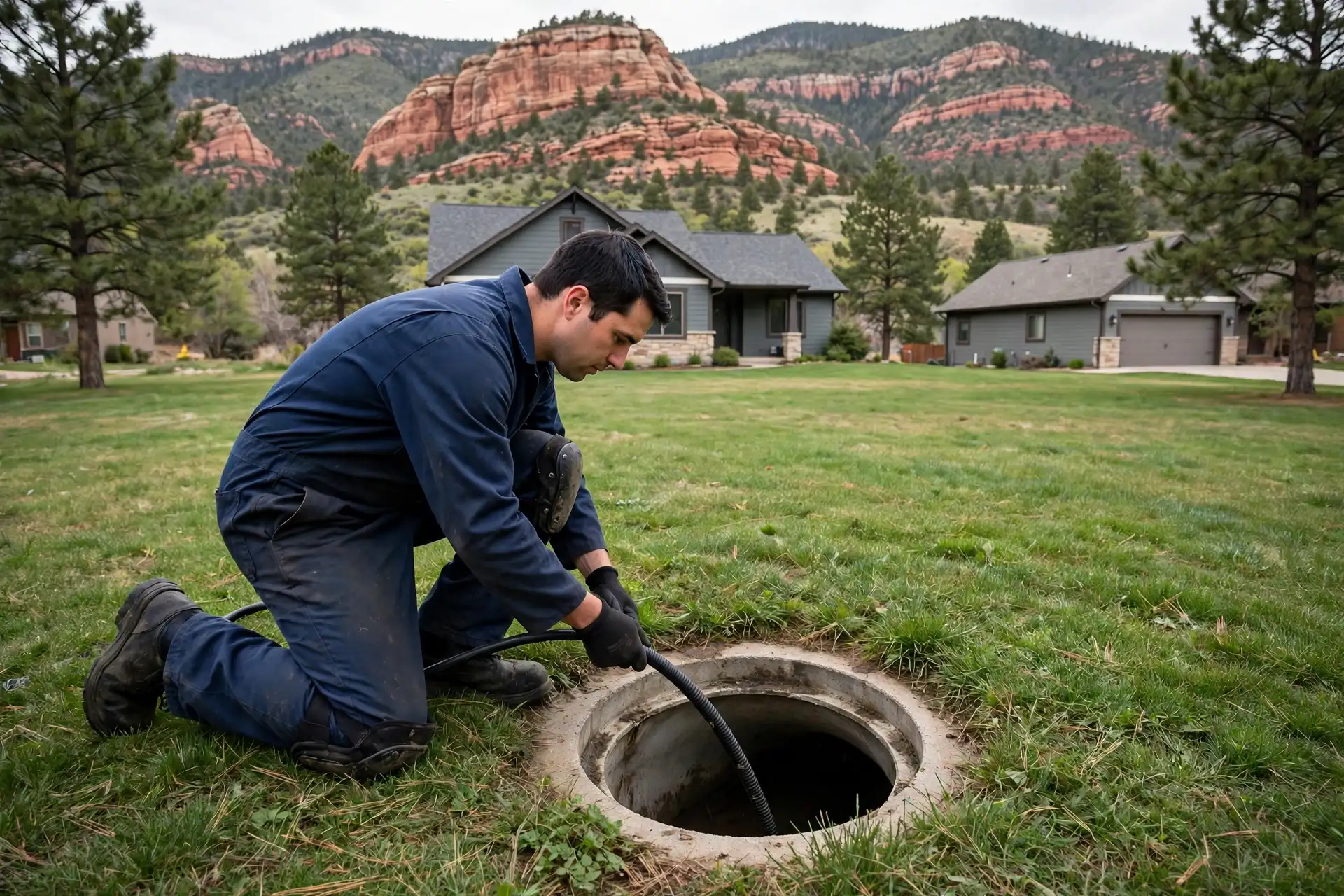 Technician at a cleanout with Ken Caryl foothills behind
