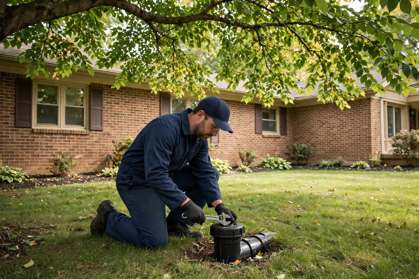 Technician at a cleanout in a Lakewood front yard