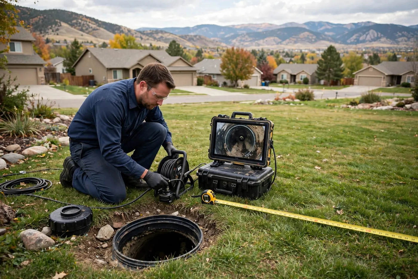 Technician kneeling at a front-yard cleanout in Littleton feeding a sewer camera, with a monitor showing the pipe interior and a tape measure laid out to size the liner