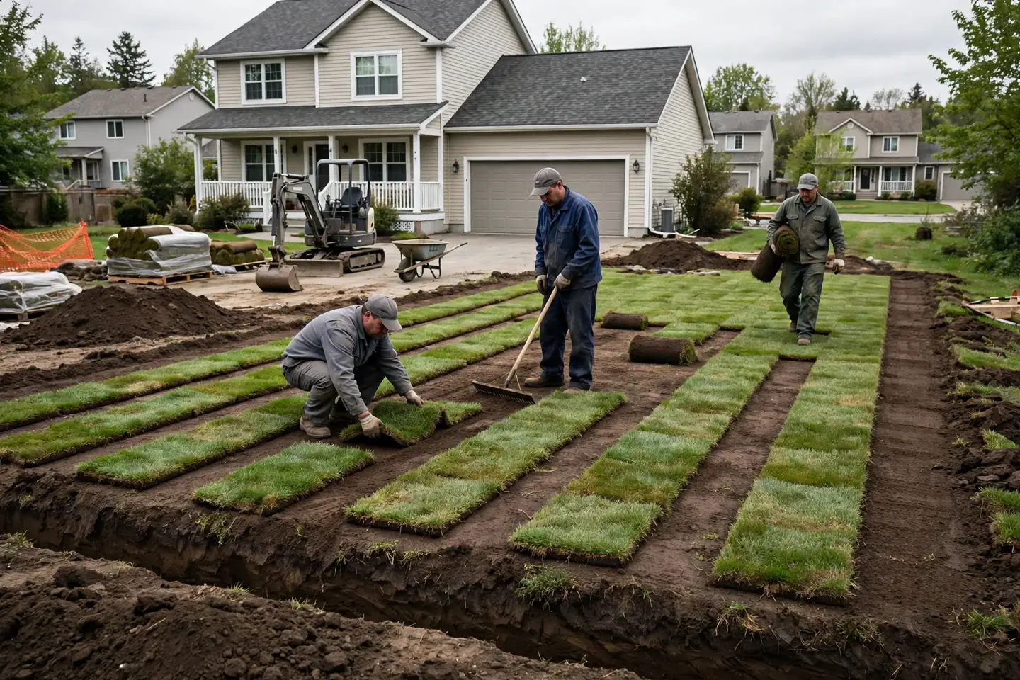 Workers laying new sod over a graded yard after sewer replacement
