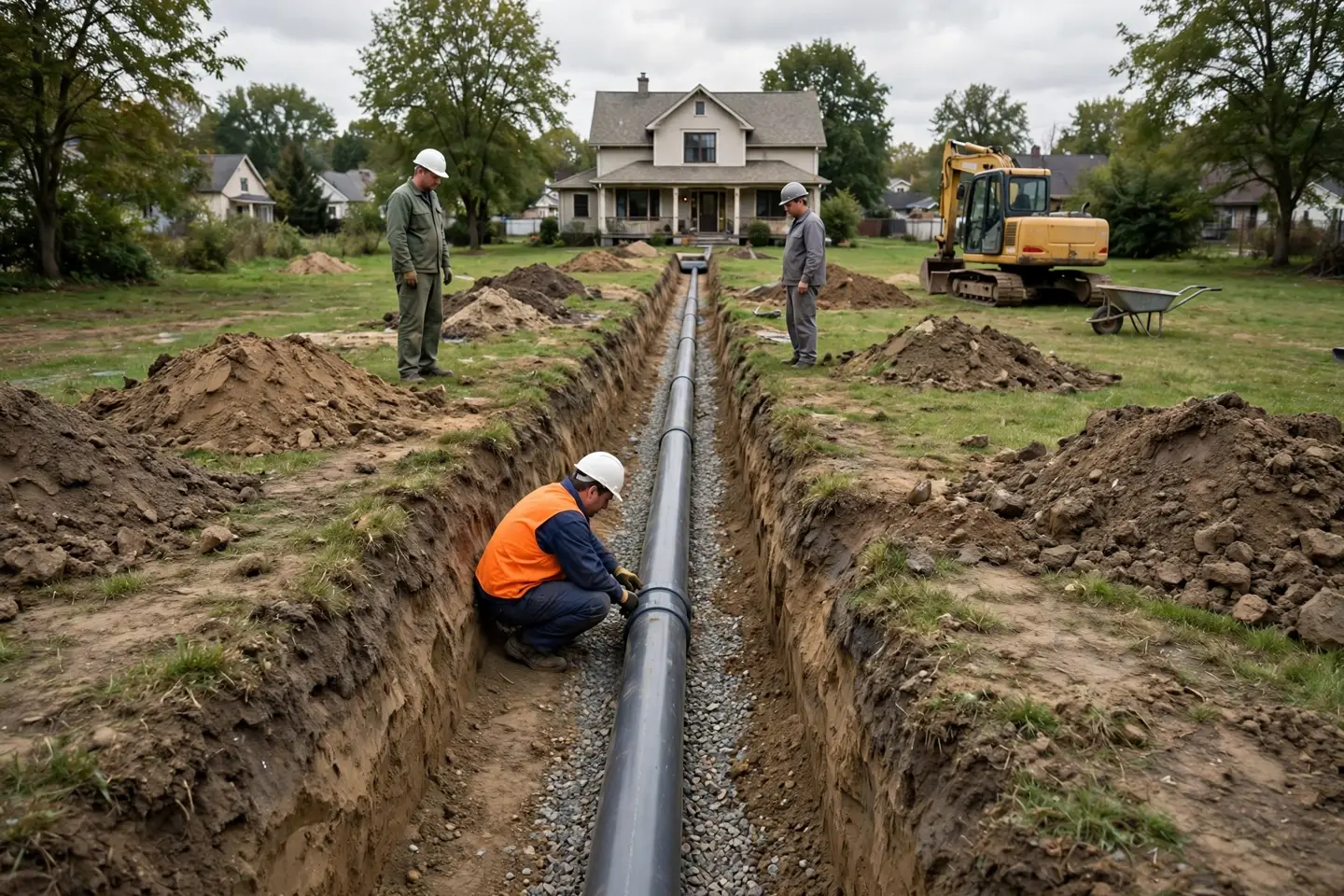 New sewer pipe run installed in an open trench