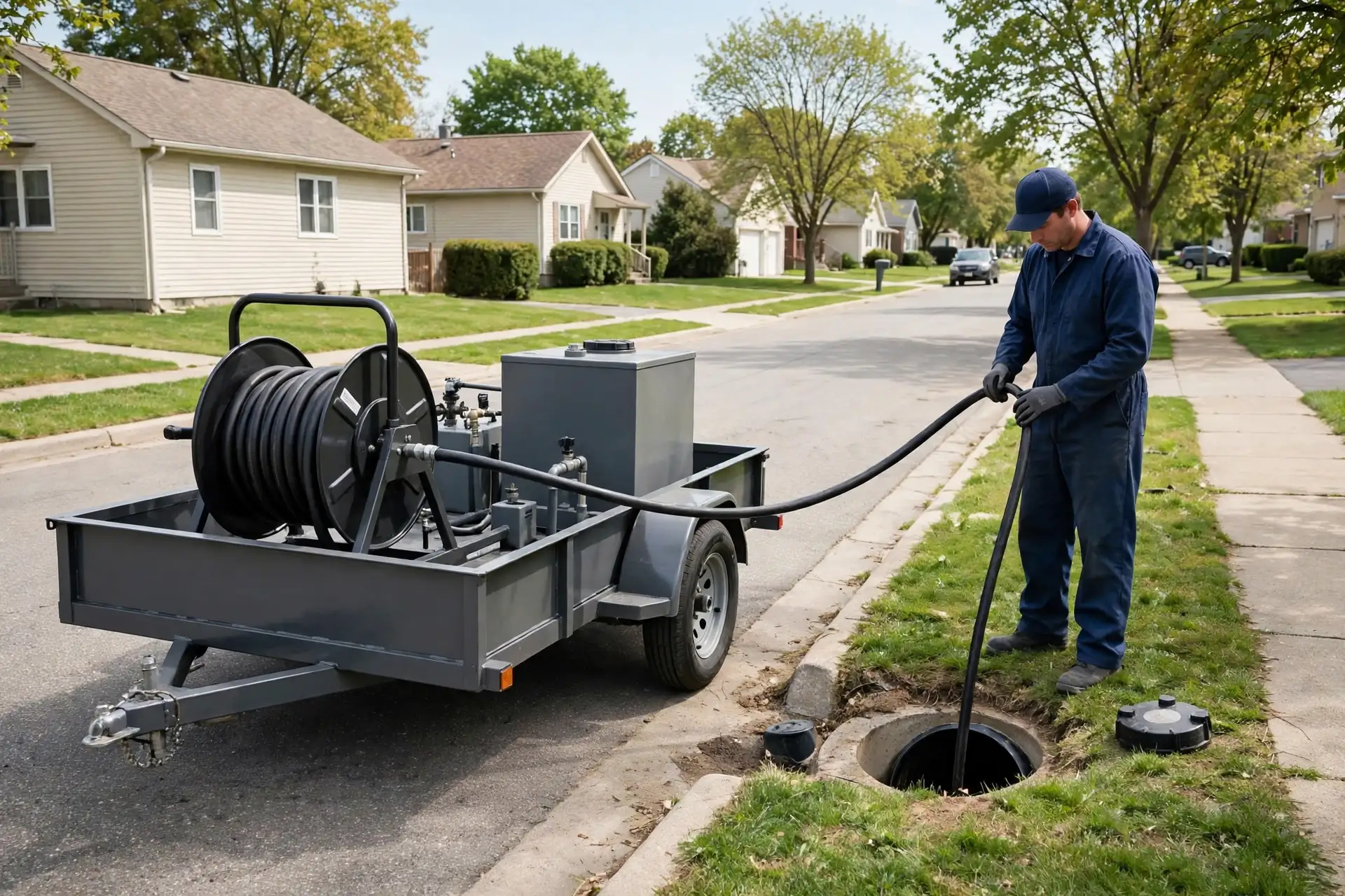 Jetter trailer set up at a residential street cleanout