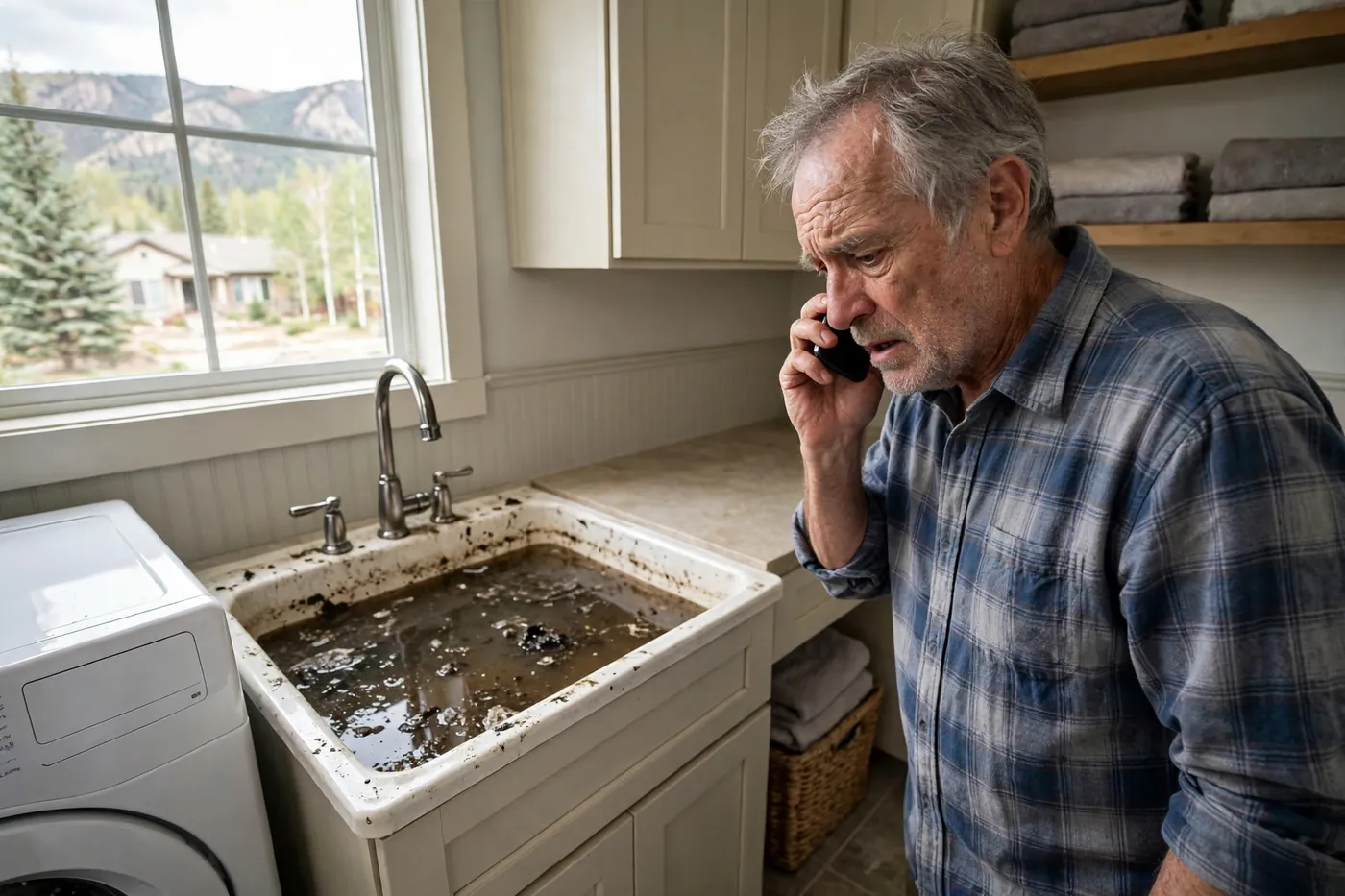 Older man on the phone in a laundry room looking at a backed-up utility sink filled with murky water