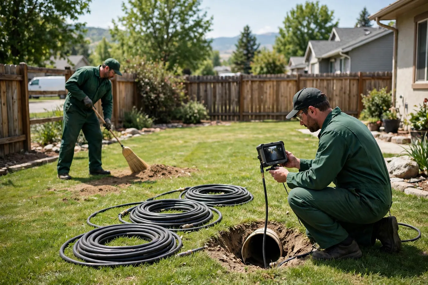 Technician doing a final camera check at a yard cleanout with coiled hoses on the lawn while a second worker sweeps the work area