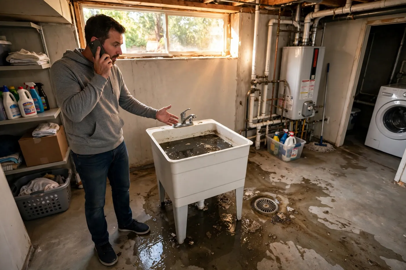 Homeowner on the phone in a basement gesturing toward a utility sink full of backed-up water with a wet floor drain nearby