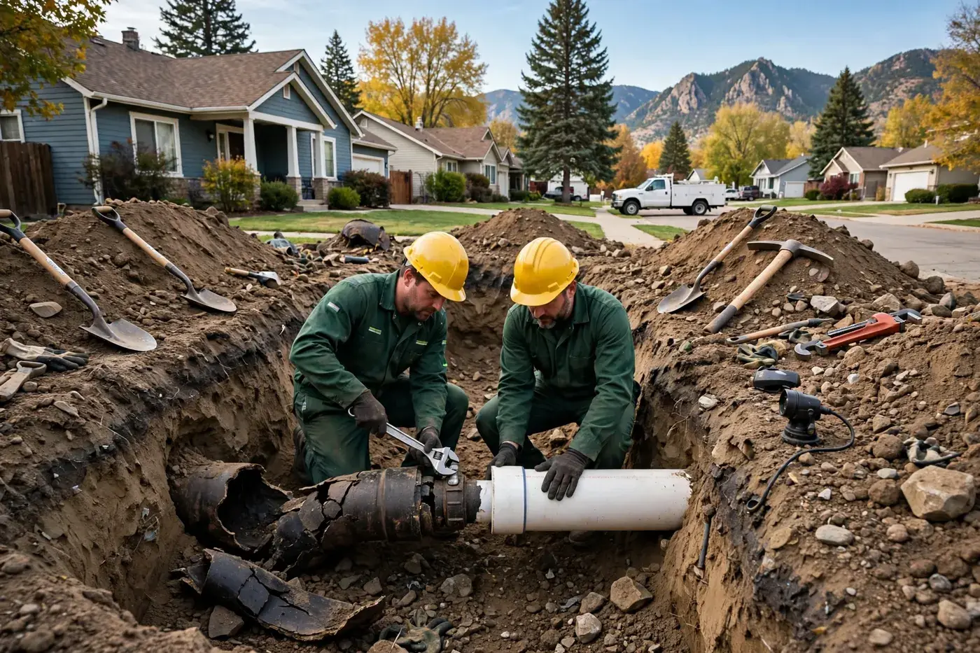 Two workers in green uniforms and yellow hard hats fitting a new white pipe section to a cracked sewer pipe in a front-yard trench