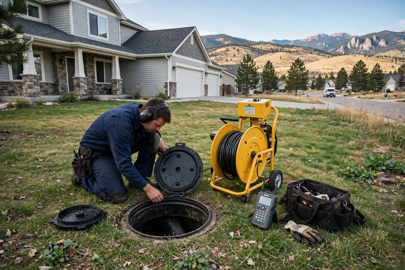 Technician kneeling in a front yard opening a cleanout, with a camera reel and locator ready beside him