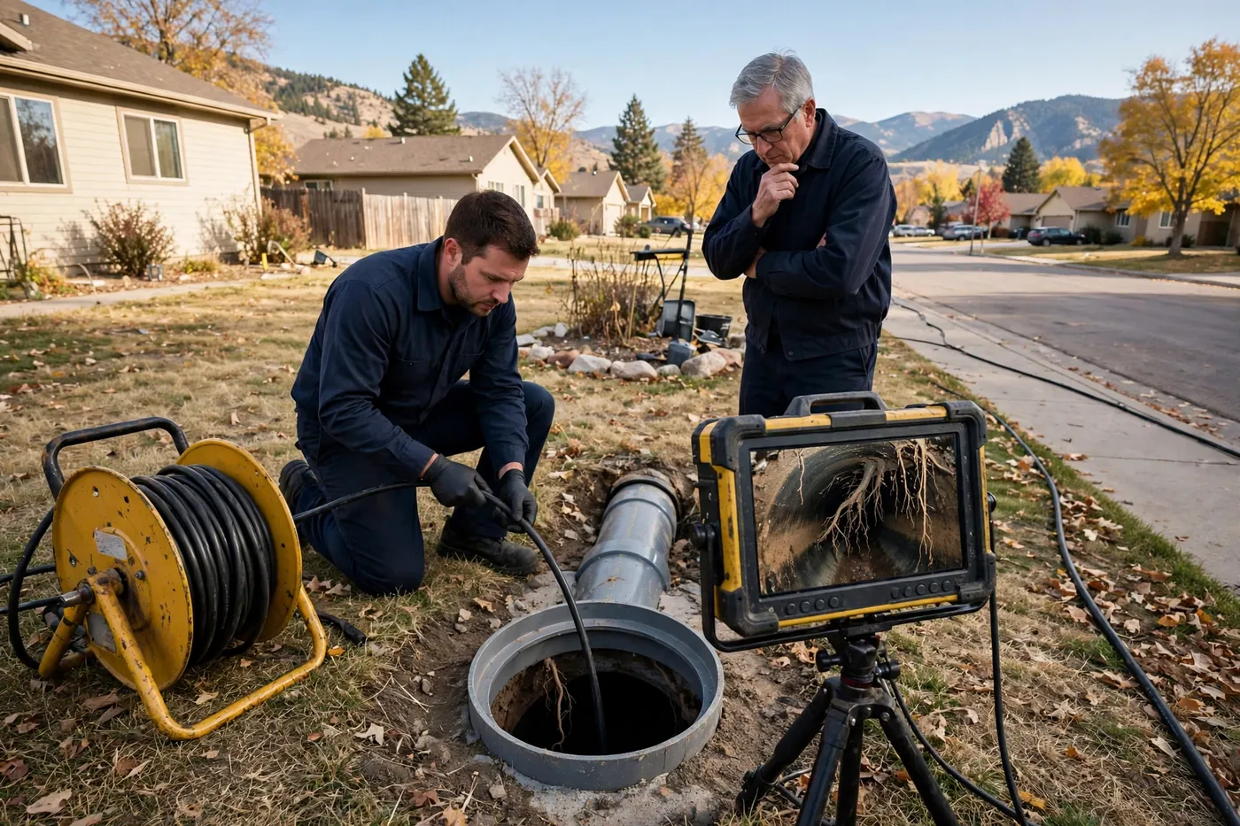 Technician feeding a camera cable from a reel into a cleanout while a monitor shows roots inside the sewer pipe