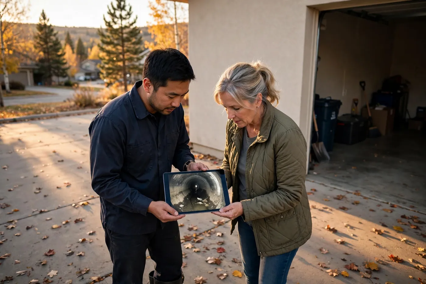 Technician and homeowner on a driveway reviewing recorded sewer pipe footage together on a tablet