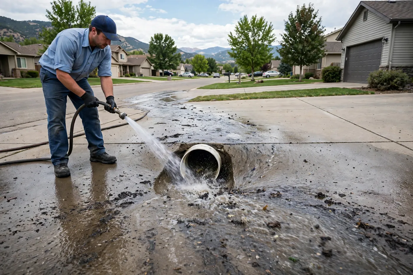Technician in a light blue shirt flushing water through a driveway pipe opening, washing loosened dark debris across the wet concrete