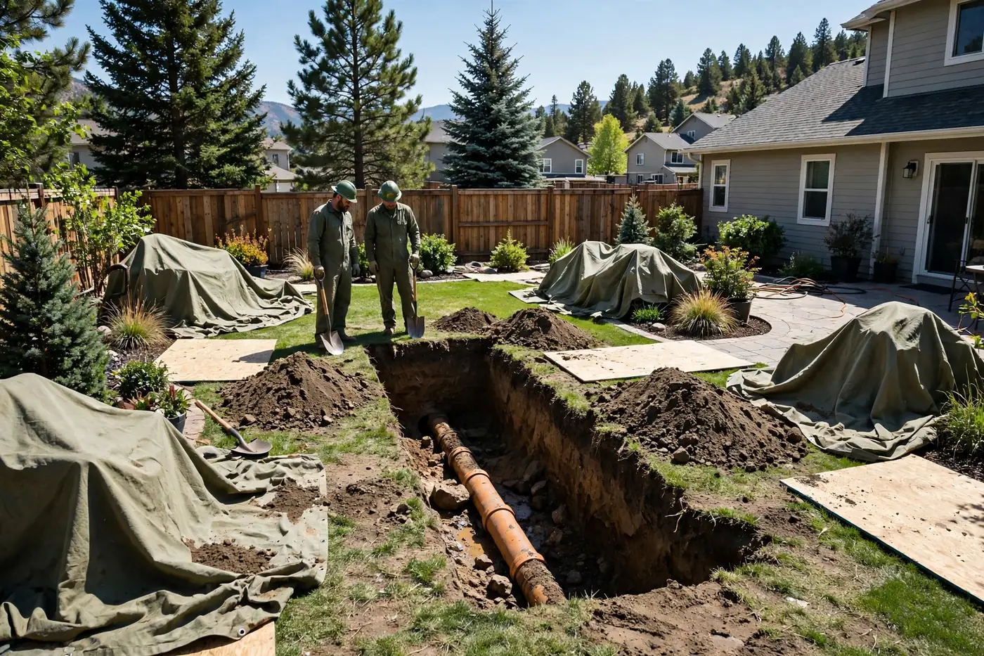 Neat backyard trench exposing an orange sewer pipe, with tarps and plywood protecting the lawn and planting