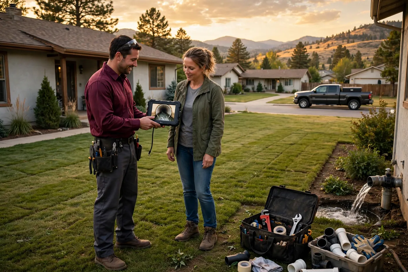 Plumber showing a homeowner the repaired line flowing smoothly on a tablet, water test running and lawn restored