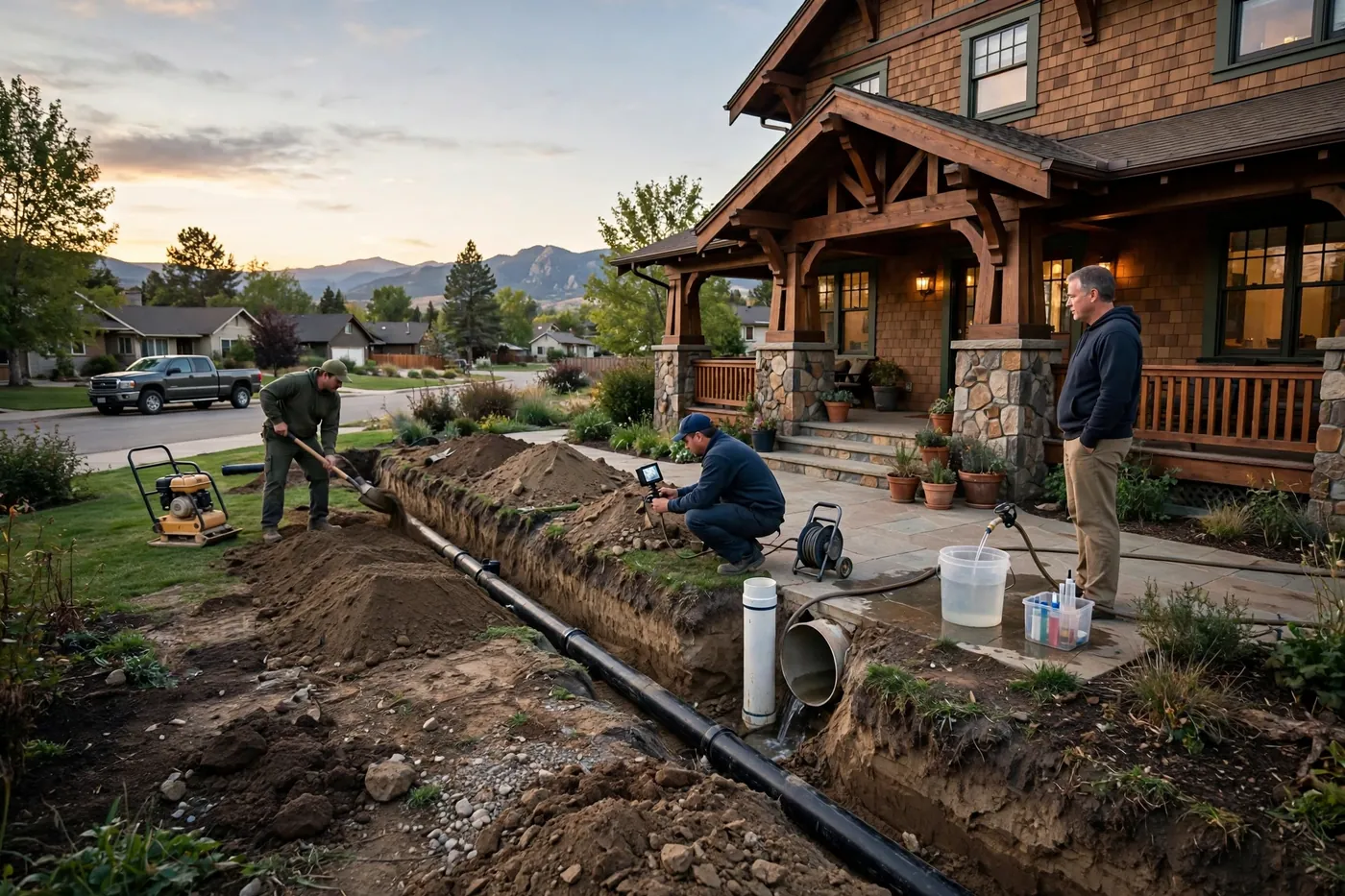 Worker filming the new sewer line in the trench while another backfills with a shovel beside a plate compactor, homeowner watching from a craftsman porch during a water test