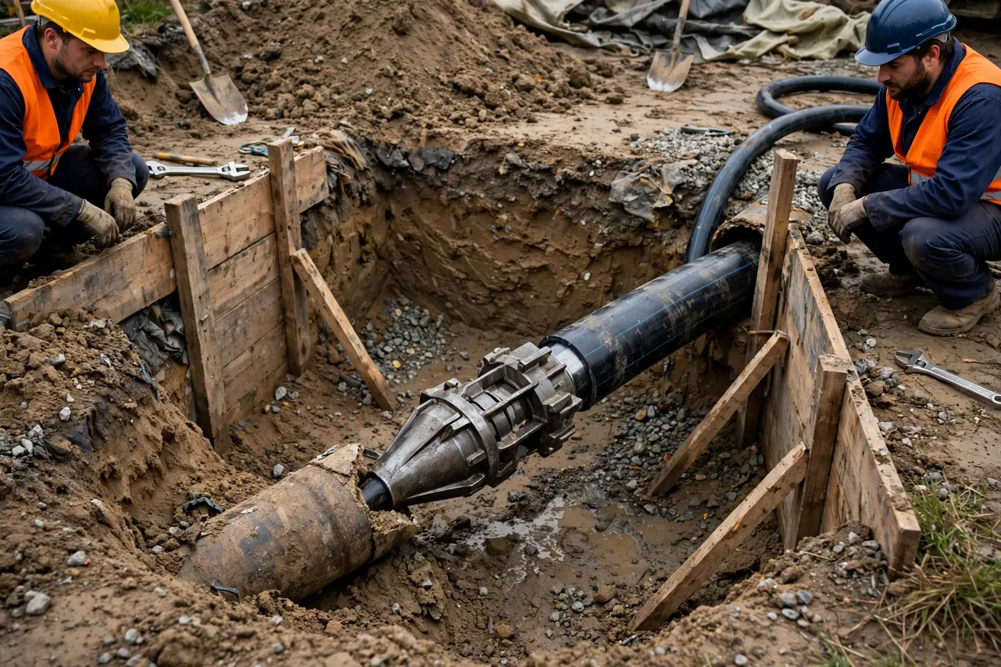 Pipe bursting head with new HDPE pipe in a pit
