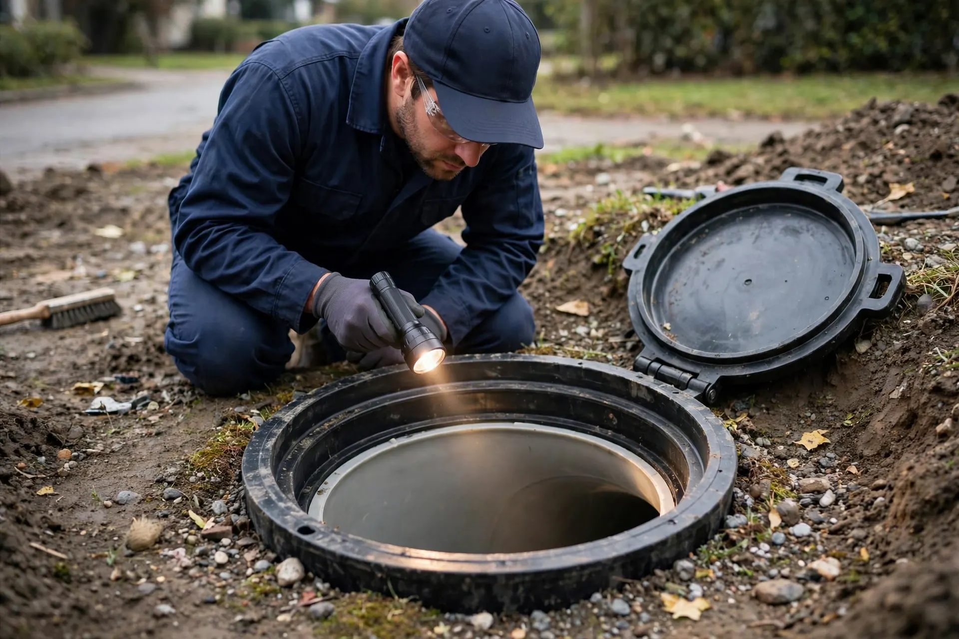 Worker inspecting a finished relined pipe at a cleanout
