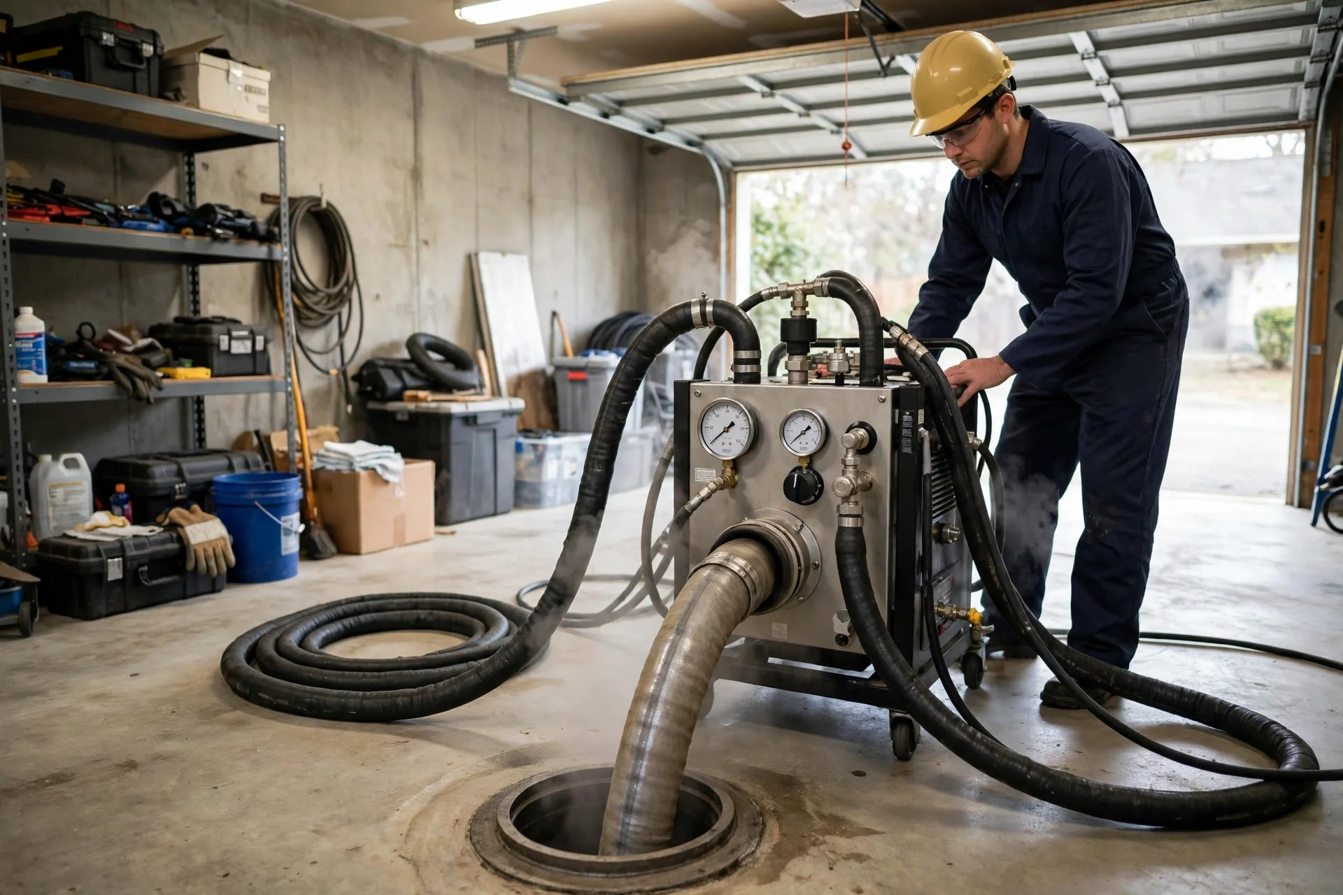 Technician monitoring liner curing in a garage