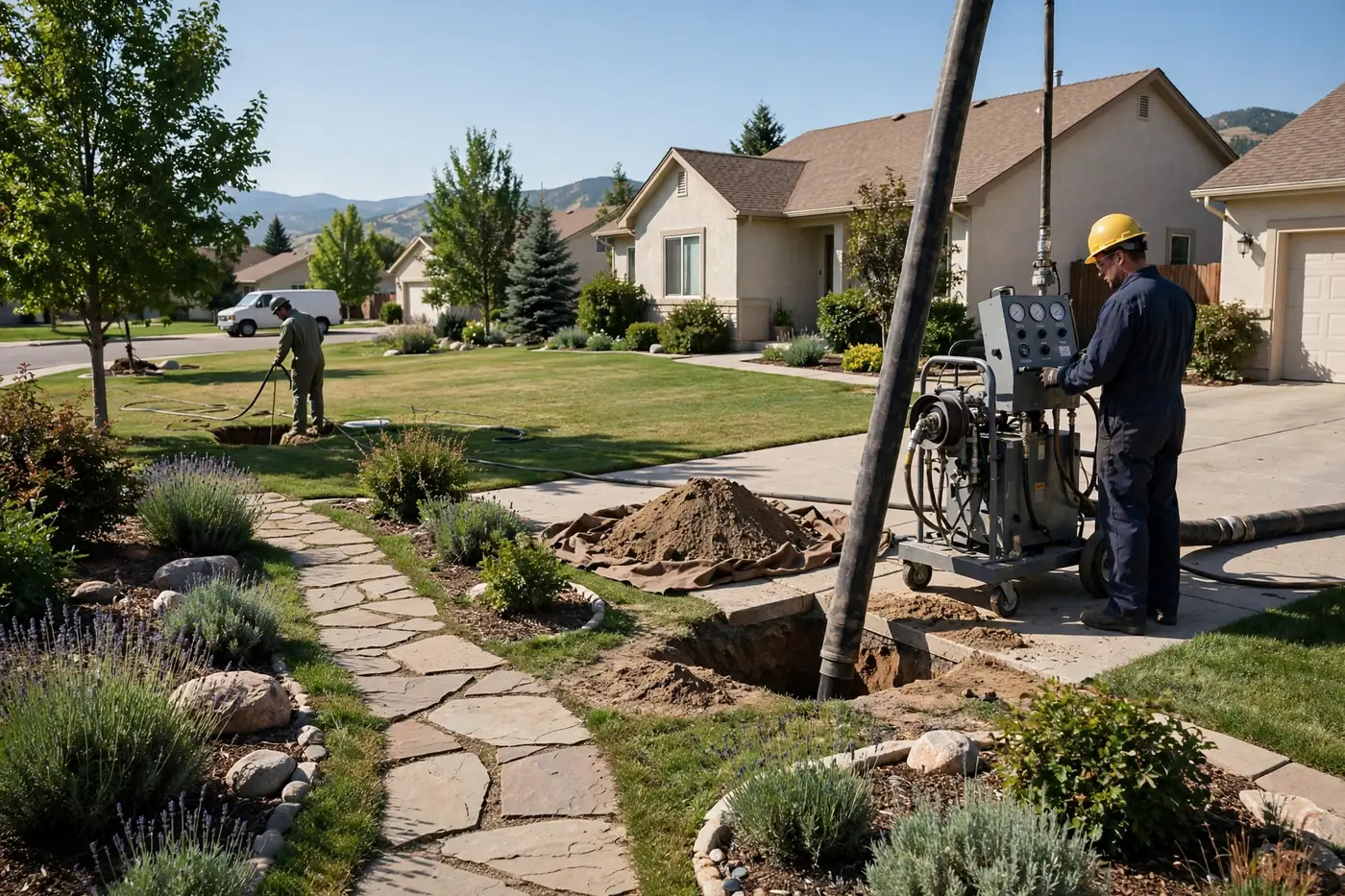 Worker monitoring gauge equipment on a driveway feeding a large liner hose into a small access pit, second worker guiding a cable at the far pit, stucco home behind