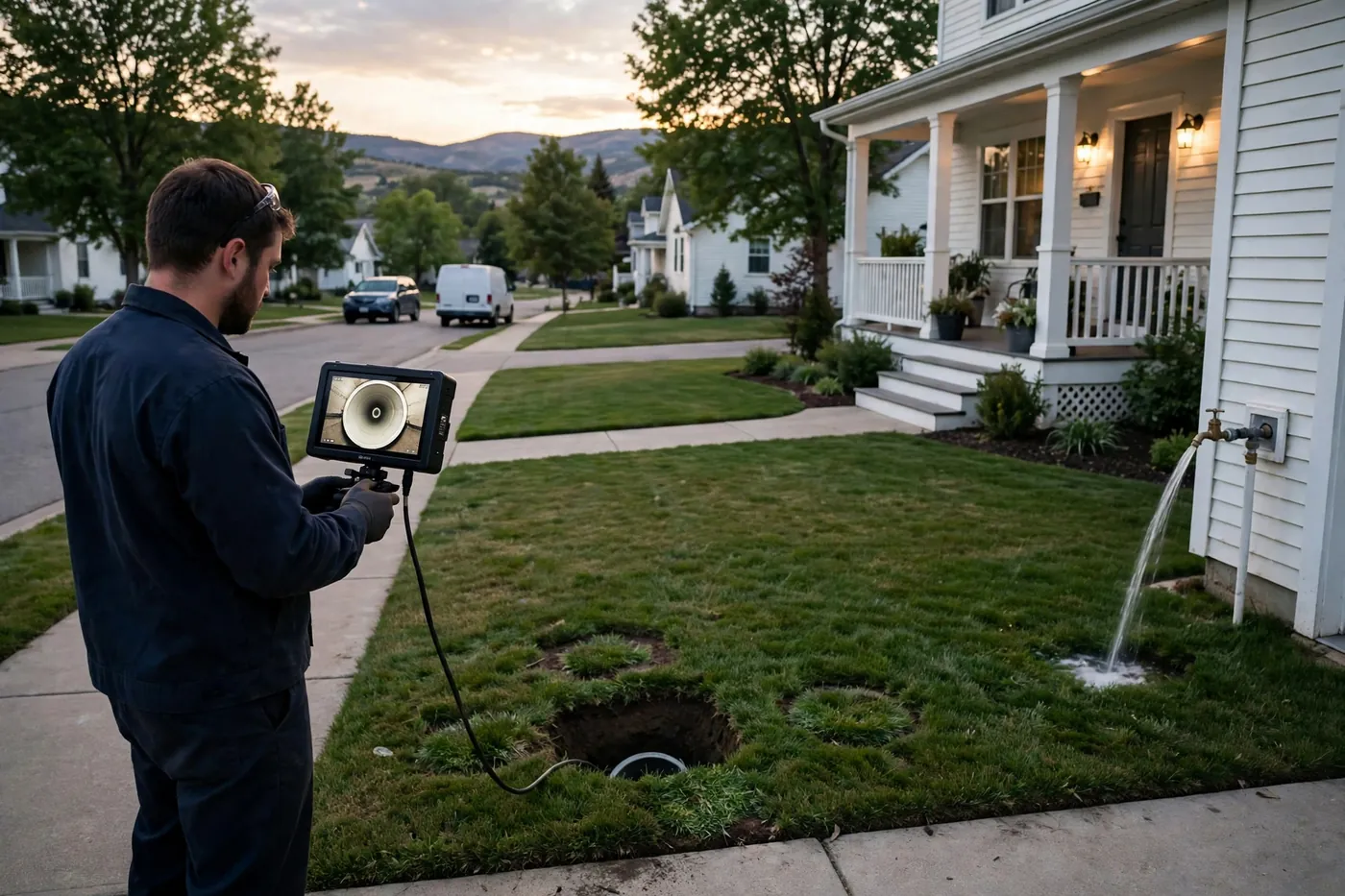 Worker holding a camera monitor showing a clean renewed pipe interior beside a small pit edged with restored grass, water running clear from an outdoor tap, tidy white porch home at dusk