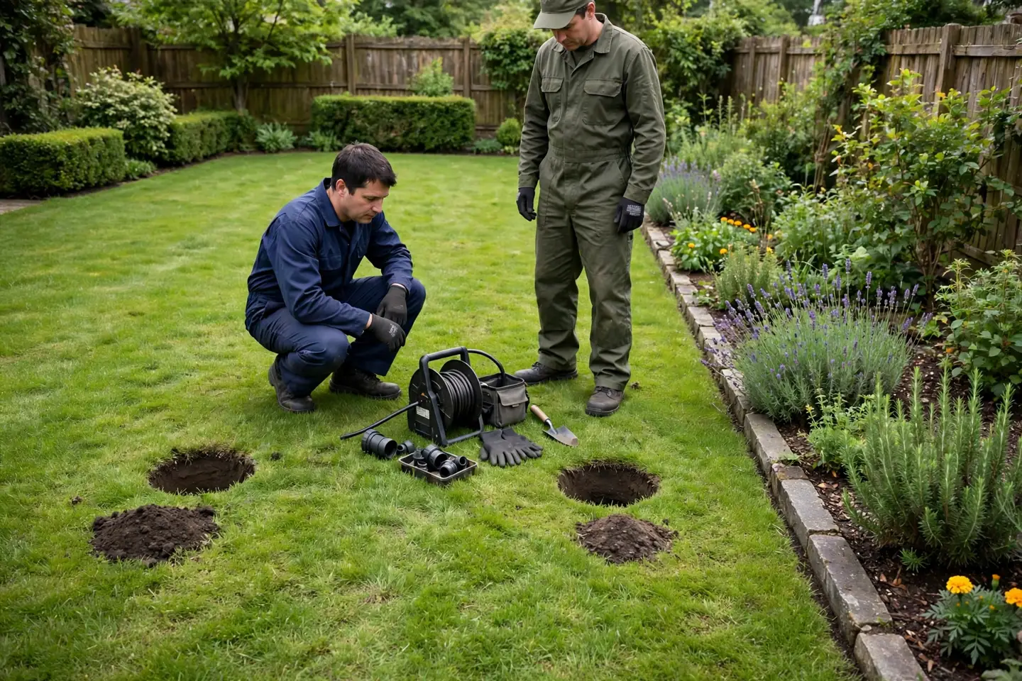 Small access holes in a lawn for trenchless repair